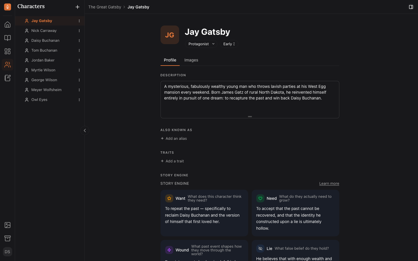 A character's Canvas page, showing their basics, aliases, and Story Engine fields.