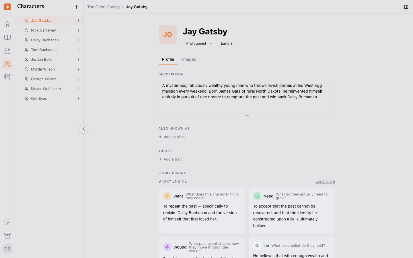 A character's Canvas page, showing their basics, aliases, and Story Engine fields.