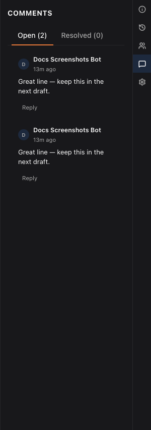 The Comments panel showing an open comment thread on a piece of manuscript text.
