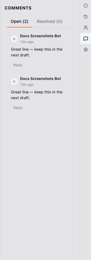 The Comments panel showing an open comment thread on a piece of manuscript text.