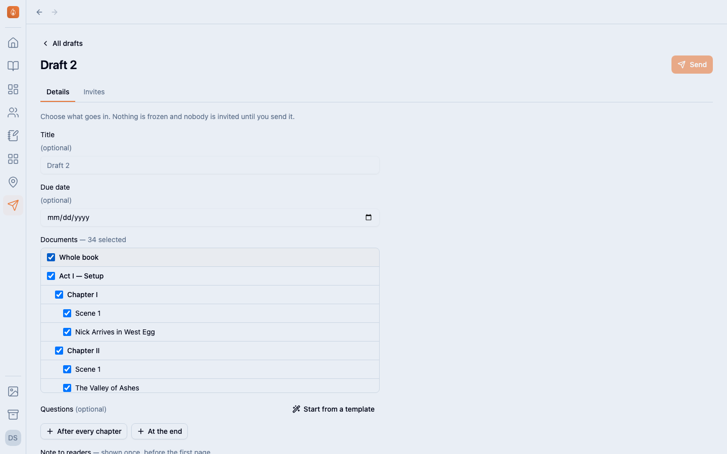 The Details tab of a round being set up: the whole book ticked in the document picker, the starter questions, and the note to readers.
