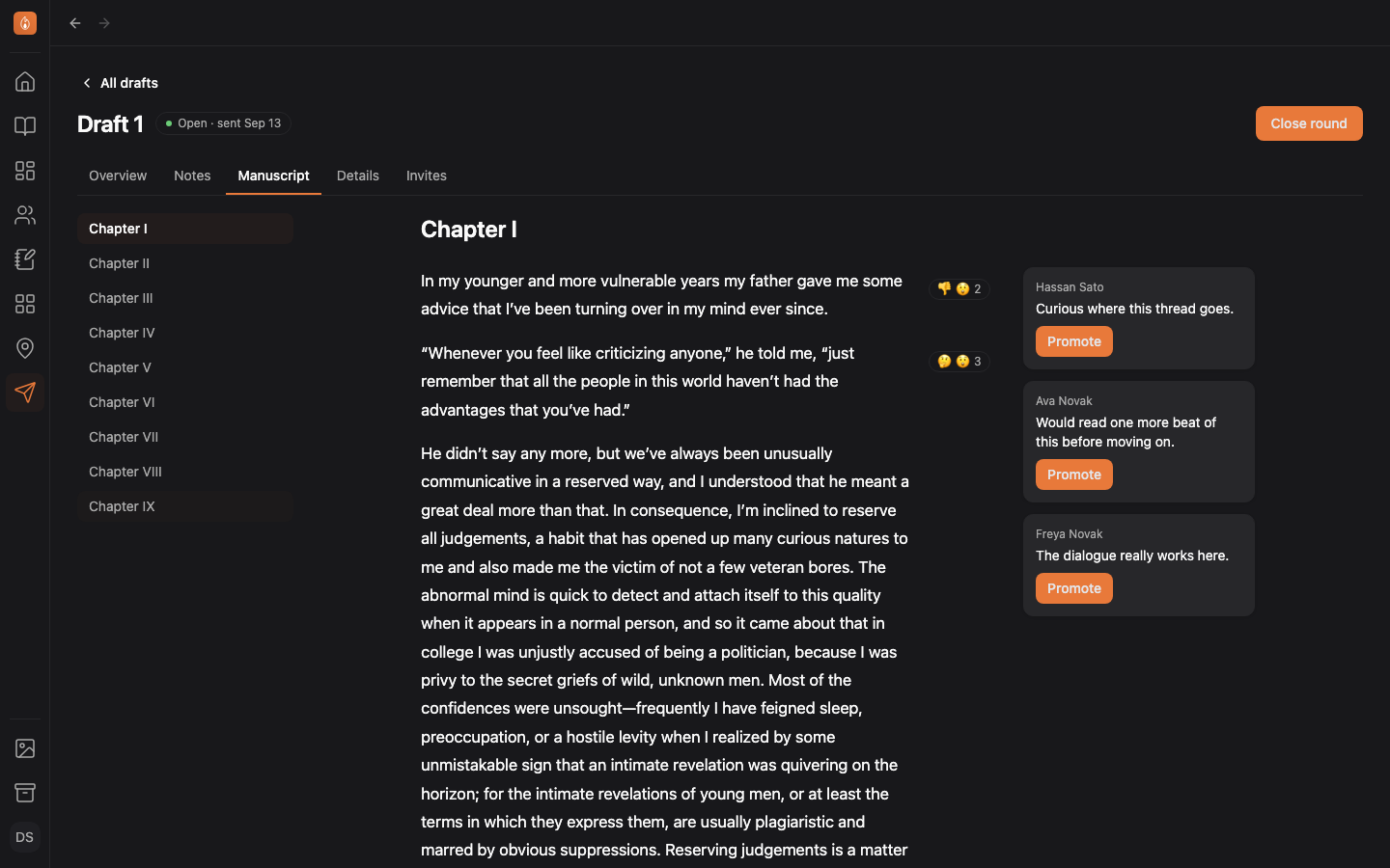The Manuscript tab: chapter one of the frozen draft with reaction counts beside paragraphs and readers' comments stacked in the right margin.
