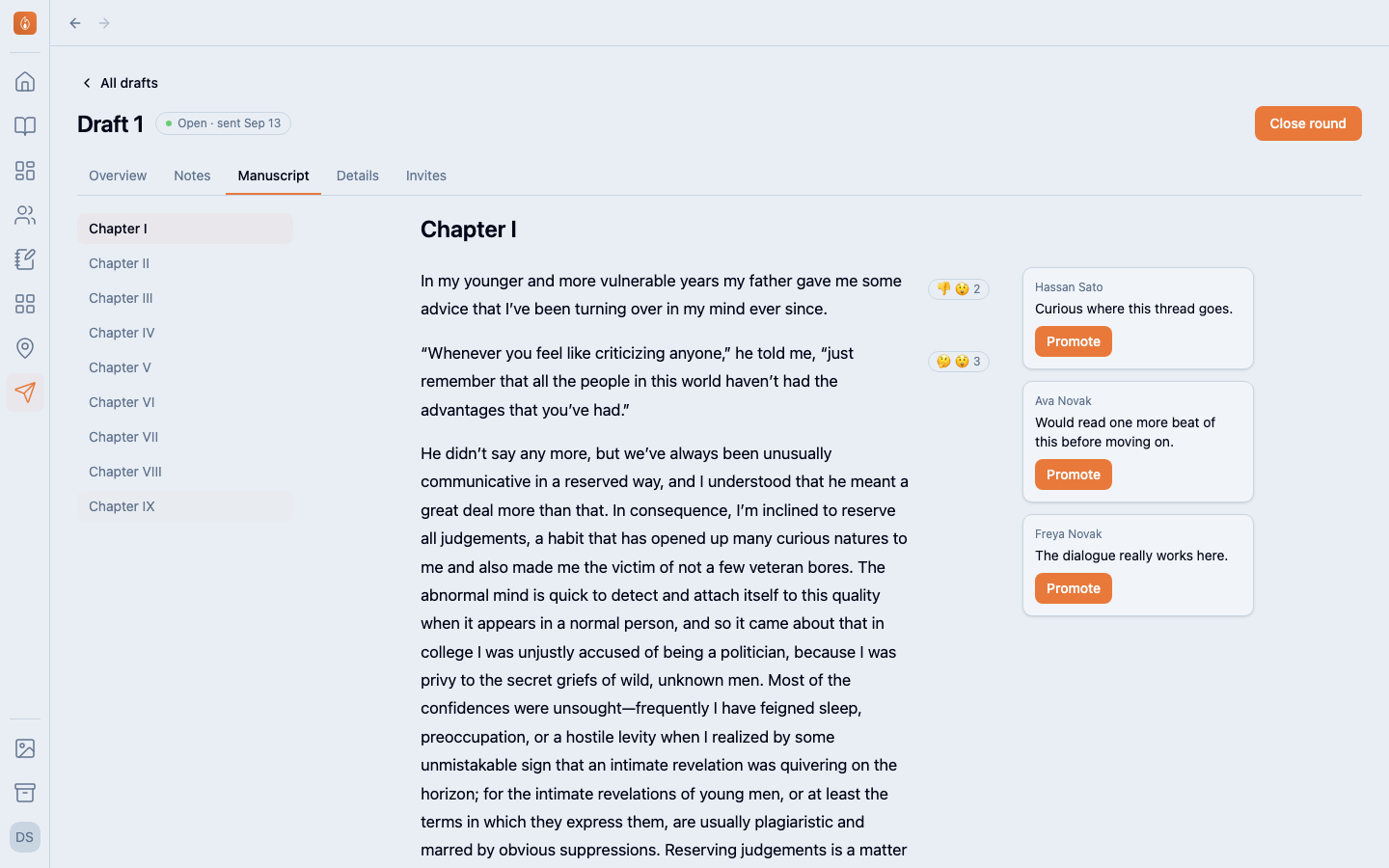 The Manuscript tab: chapter one of the frozen draft with reaction counts beside paragraphs and readers' comments stacked in the right margin.