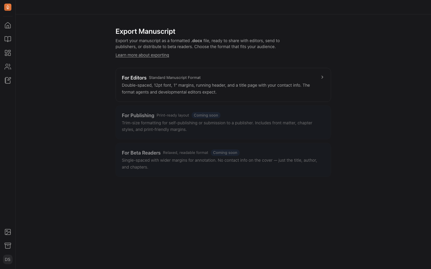 The Export page in the Studio.