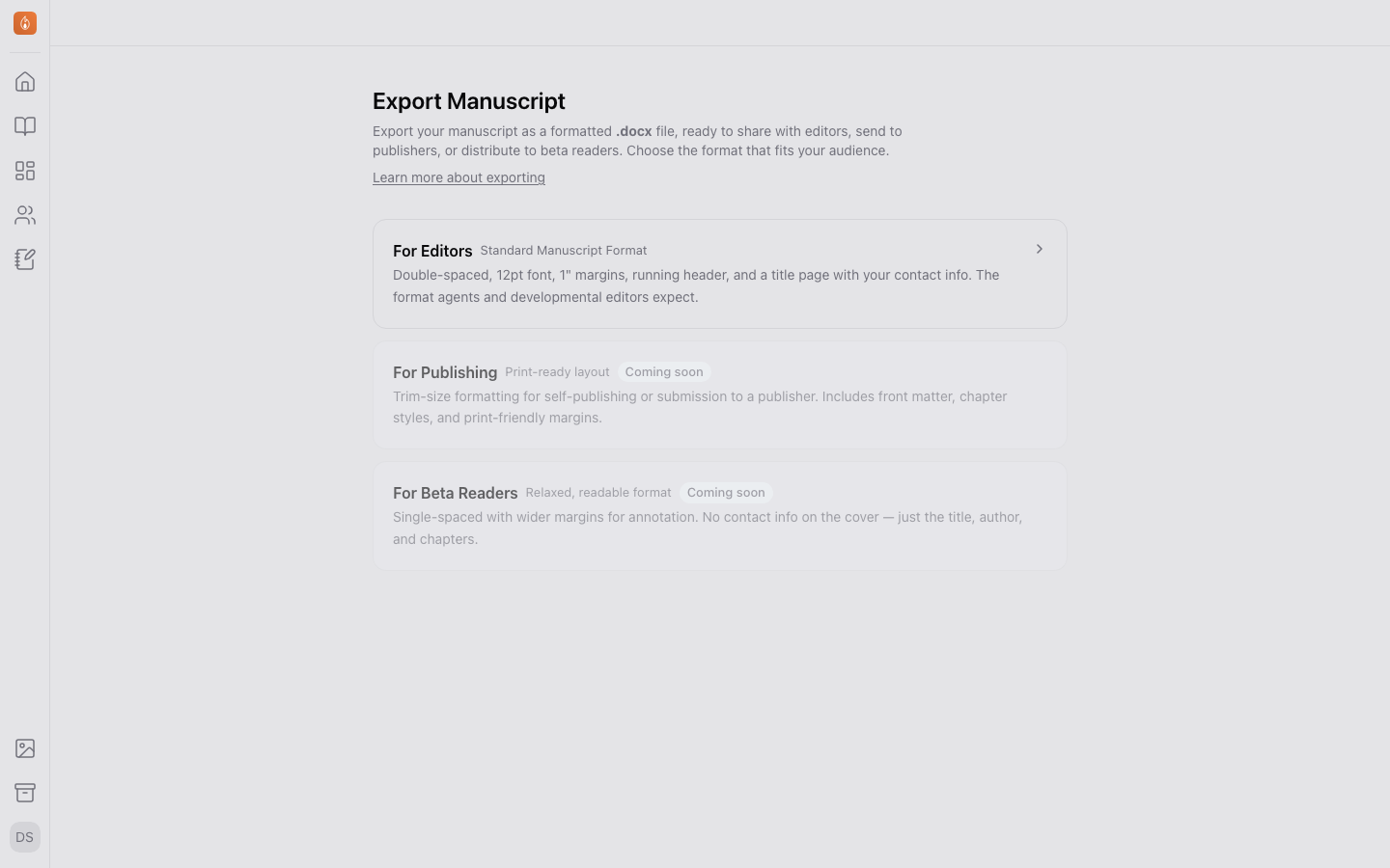 The Export page in the Studio.