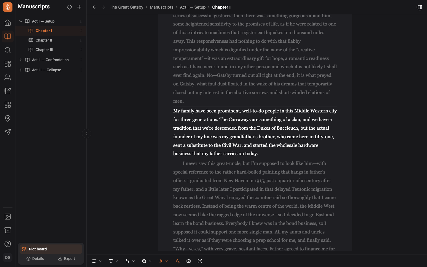 Paragraph dimming on: one paragraph sits at full strength while the paragraphs above and below it are faded back.