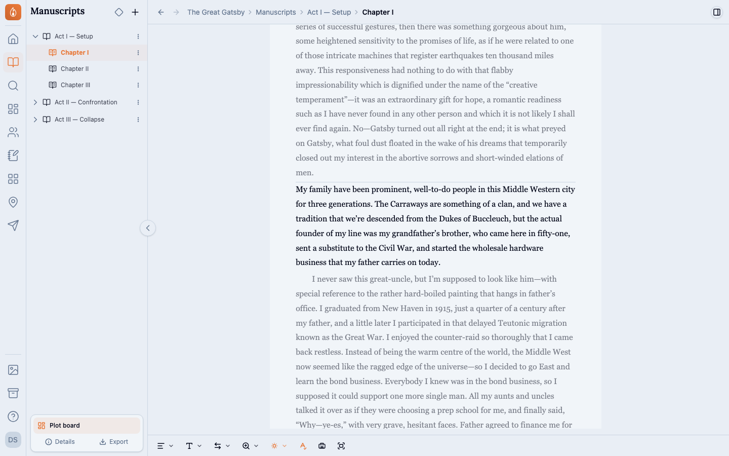 Paragraph dimming on: one paragraph sits at full strength while the paragraphs above and below it are faded back.