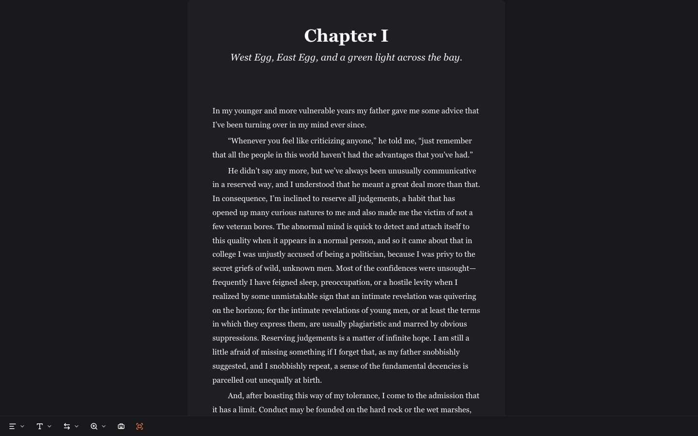 Focus Mode on: the sidebar, rail, and toolbar chrome have faded away, leaving just the manuscript text.
