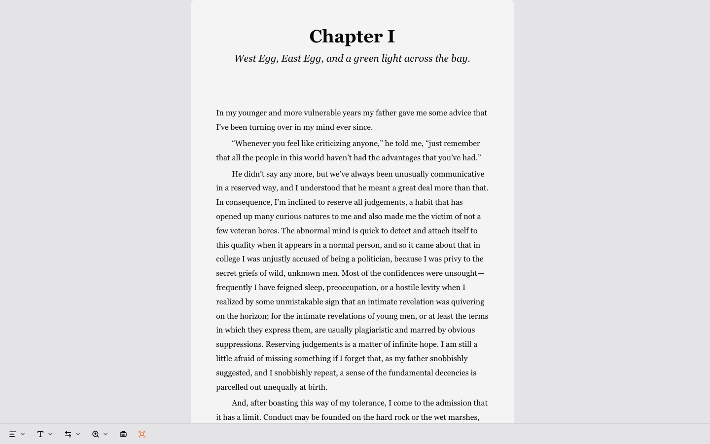 Focus Mode on: the sidebar, rail, and toolbar chrome have faded away, leaving just the manuscript text.
