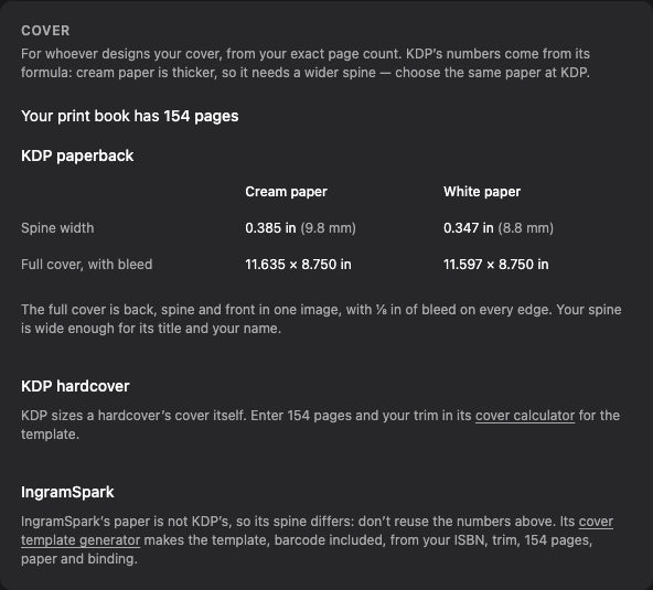 The Cover panel for the Great Gatsby at 154 pages: spine width and full cover size for cream and white paper for a KDP paperback, then pointers for a KDP hardcover and IngramSpark.