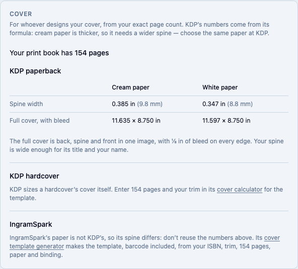 The Cover panel for the Great Gatsby at 154 pages: spine width and full cover size for cream and white paper for a KDP paperback, then pointers for a KDP hardcover and IngramSpark.