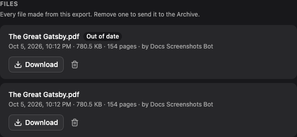 Files for a Great Gatsby print export: two print PDFs with their dates, sizes, page counts, and who made them, the newer marked Out of date, each with Download and Remove.