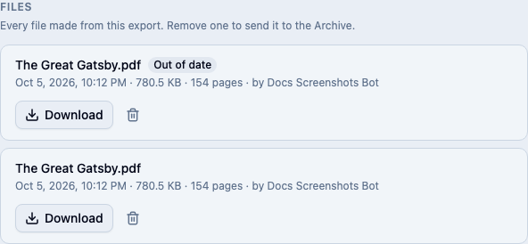 Files for a Great Gatsby print export: two print PDFs with their dates, sizes, page counts, and who made them, the newer marked Out of date, each with Download and Remove.