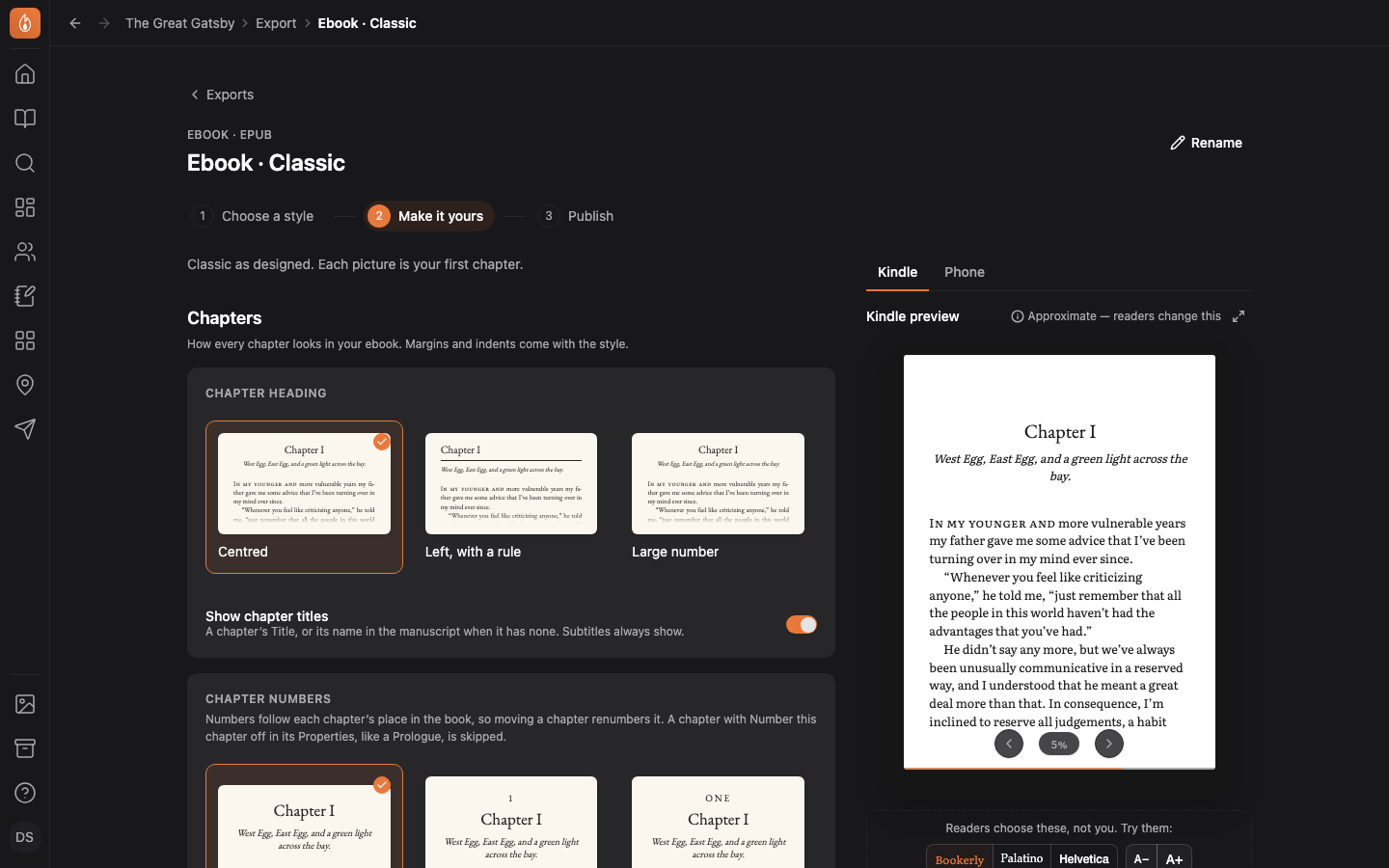 Make it yours: the Chapter heading panel with Show chapter titles, and Chapter numbers with No number chosen, drawn from the Great Gatsby's first chapter, with the Kindle preview beside them.