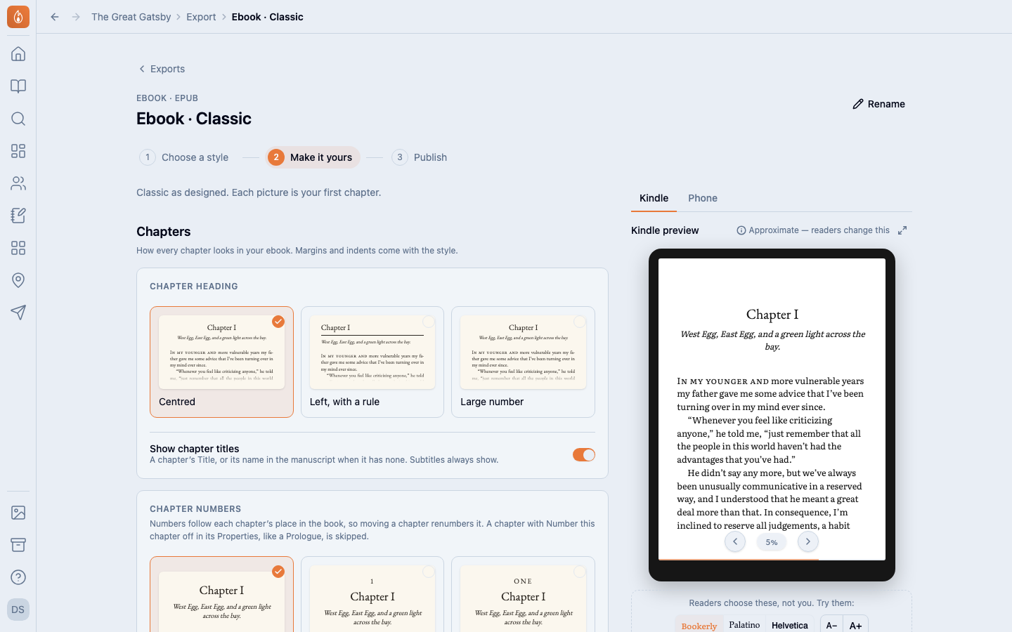 Make it yours: the Chapter heading panel with Show chapter titles, and Chapter numbers with No number chosen, drawn from the Great Gatsby's first chapter, with the Kindle preview beside them.