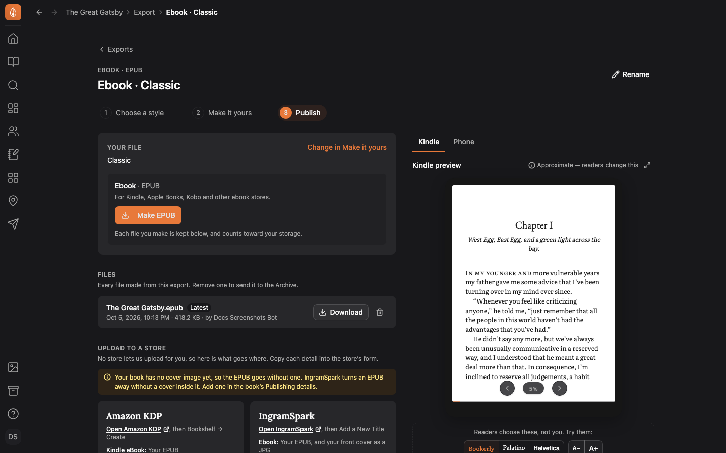 An ebook export of the Great Gatsby on its Publish step: Your file with Make EPUB, its Files list, and the Kindle preview beside them.