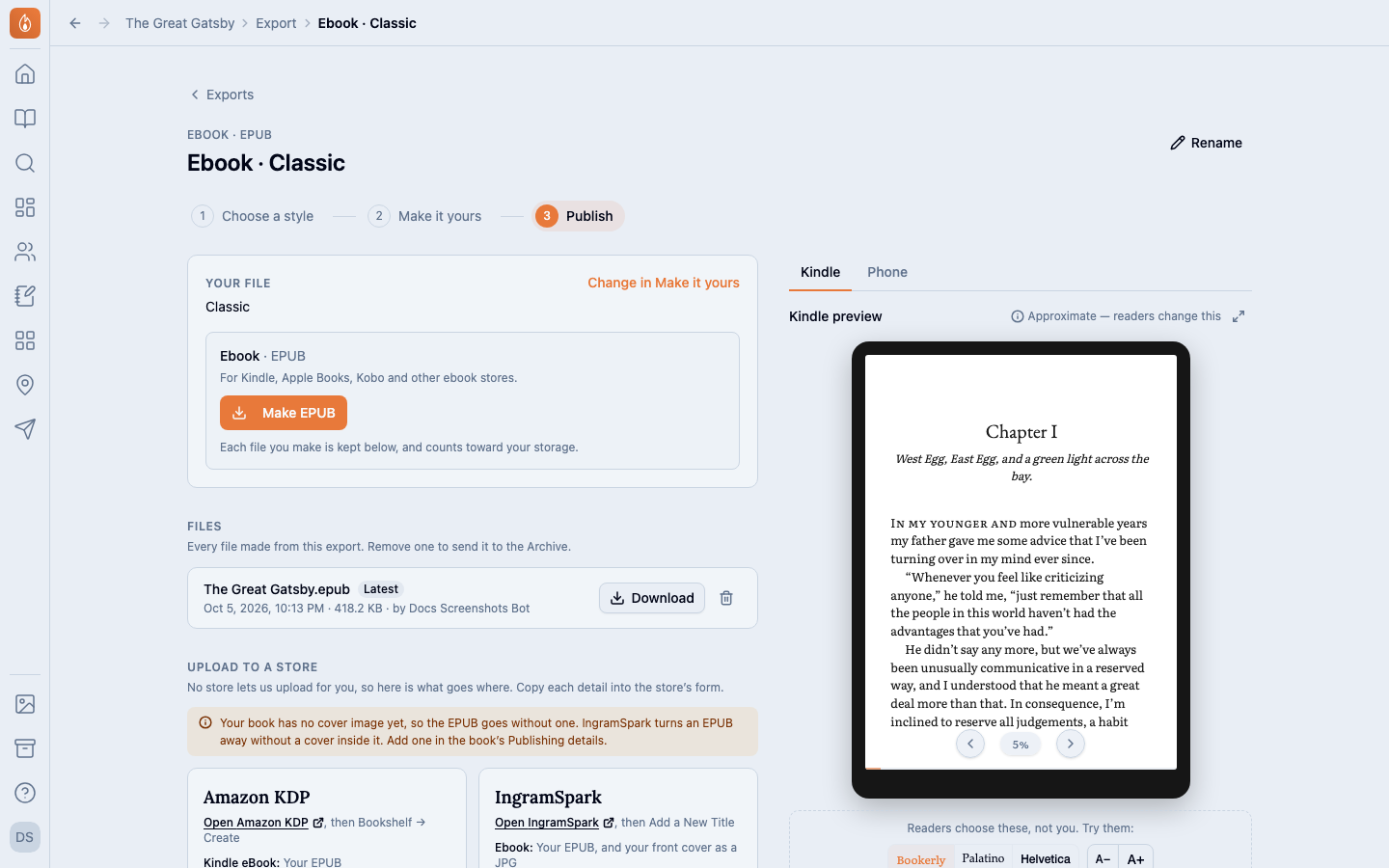 An ebook export of the Great Gatsby on its Publish step: Your file with Make EPUB, its Files list, and the Kindle preview beside them.