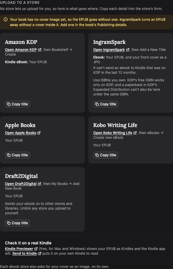 Upload to a store: cards for Amazon KDP, IngramSpark, Apple Books, Kobo Writing Life, and Draft2Digital, each with its upload link and a Copy title button, under a note that the Great Gatsby has no cover image yet.