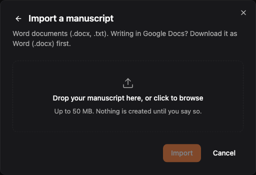 The Import a manuscript step of the New Project dialog, with a drop zone reading “Drop your manuscript here, or click to browse” and a note that files up to 50 MB are accepted.