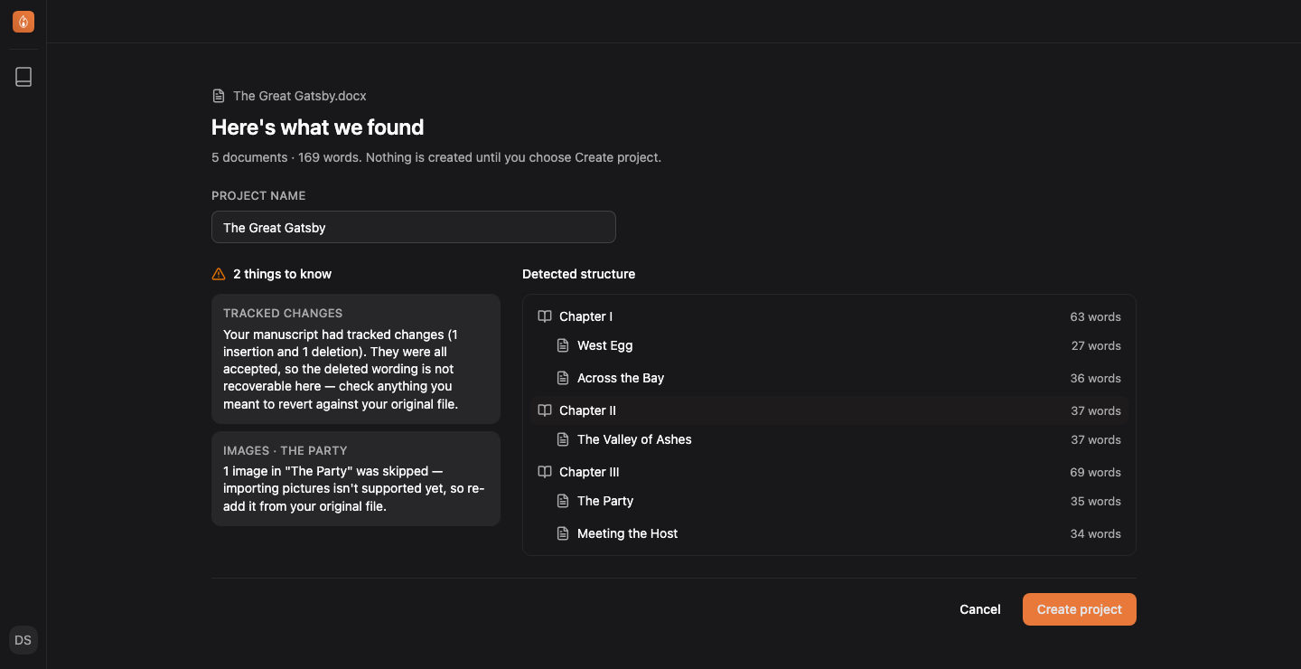 The import review page for The Great Gatsby.docx: a warnings panel listing tracked changes and a skipped image, beside the detected structure of three chapters with their scenes and word counts.
