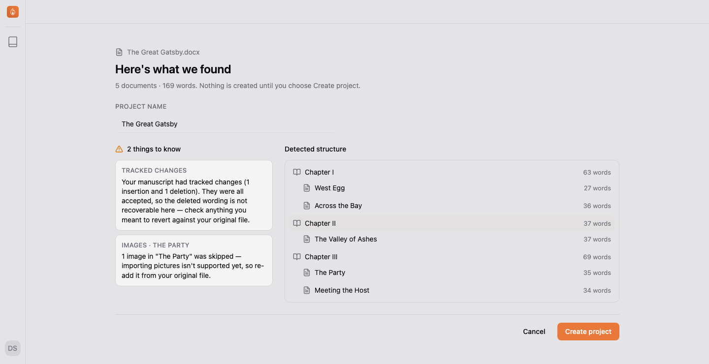 The import review page for The Great Gatsby.docx: a warnings panel listing tracked changes and a skipped image, beside the detected structure of three chapters with their scenes and word counts.