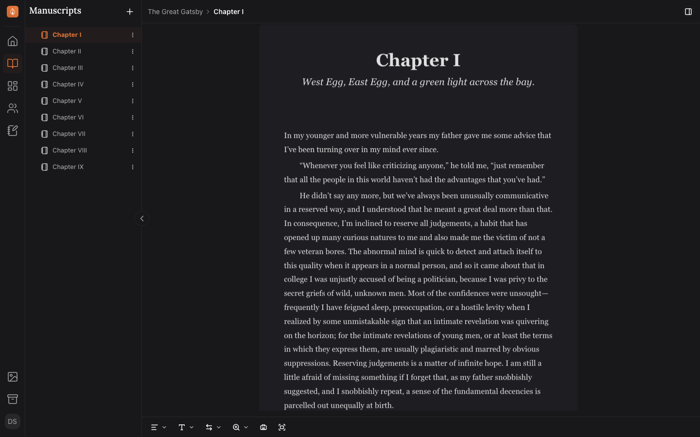 The Studio layout: the icon rail and chapter tree sidebar on the left, a manuscript open in the editor, and the document info panel on the right.