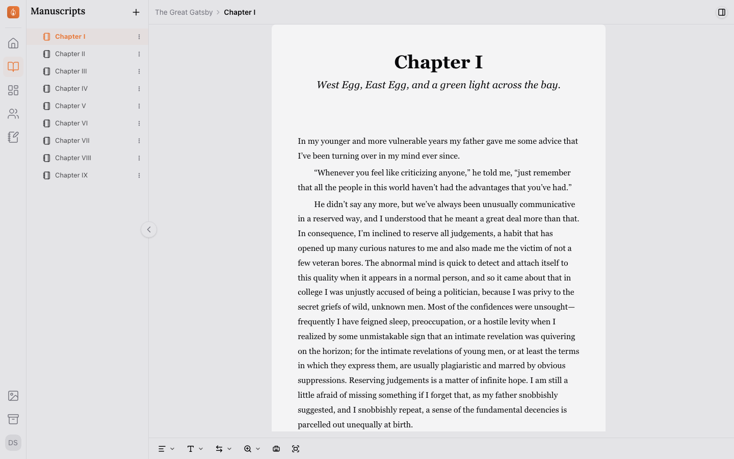 The Studio layout: the icon rail and chapter tree sidebar on the left, a manuscript open in the editor, and the document info panel on the right.