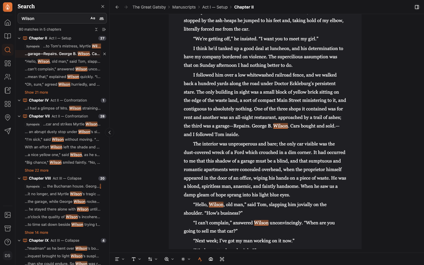 The Search panel in the sidebar, listing 80 matches for 'Wilson' in 5 chapters, each chapter with its part and count, beside Chapter II open in the editor with every 'Wilson' highlighted.