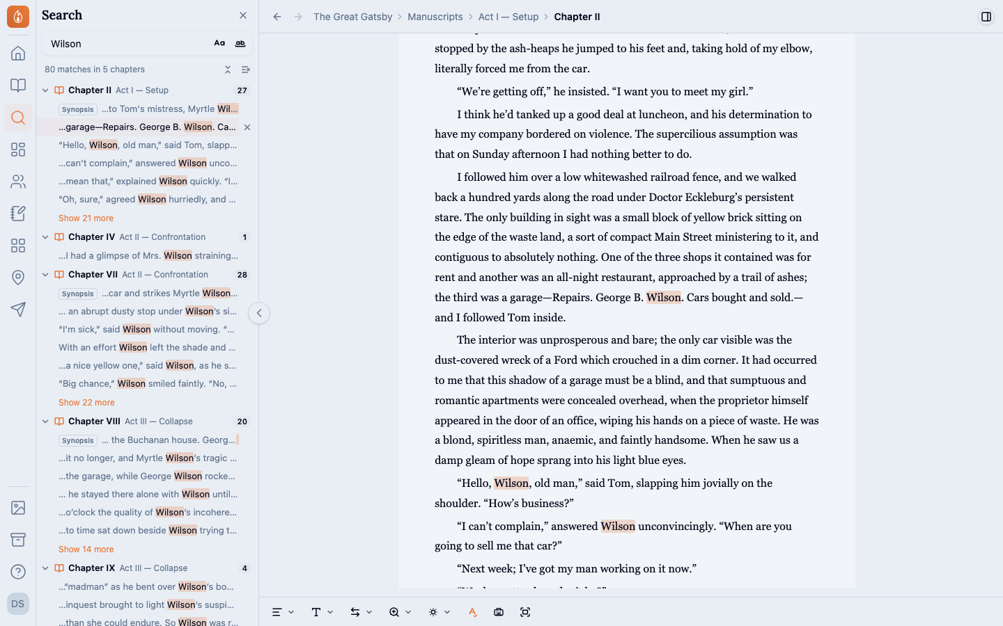 The Search panel in the sidebar, listing 80 matches for 'Wilson' in 5 chapters, each chapter with its part and count, beside Chapter II open in the editor with every 'Wilson' highlighted.