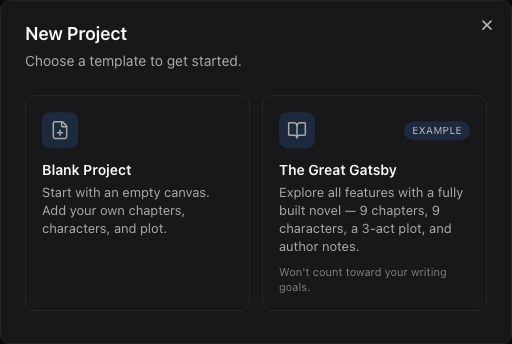 The New Project dialog, choosing between a blank project and The Great Gatsby example.