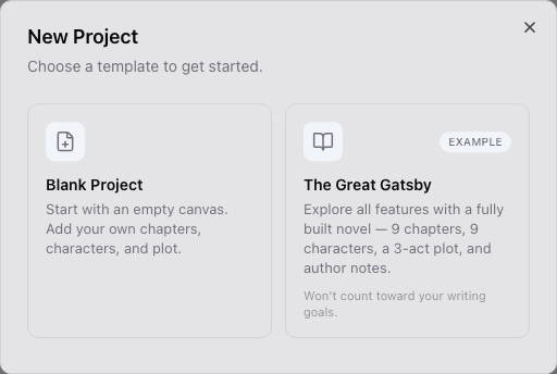 The New Project dialog, choosing between a blank project and The Great Gatsby example.