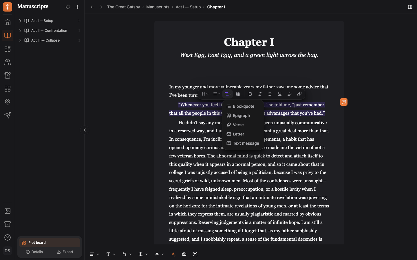 A line of dialogue selected in the Great Gatsby's first chapter, with the selection toolbar's Passage menu open on Blockquote, Epigraph, Verse, Letter, and Text message.