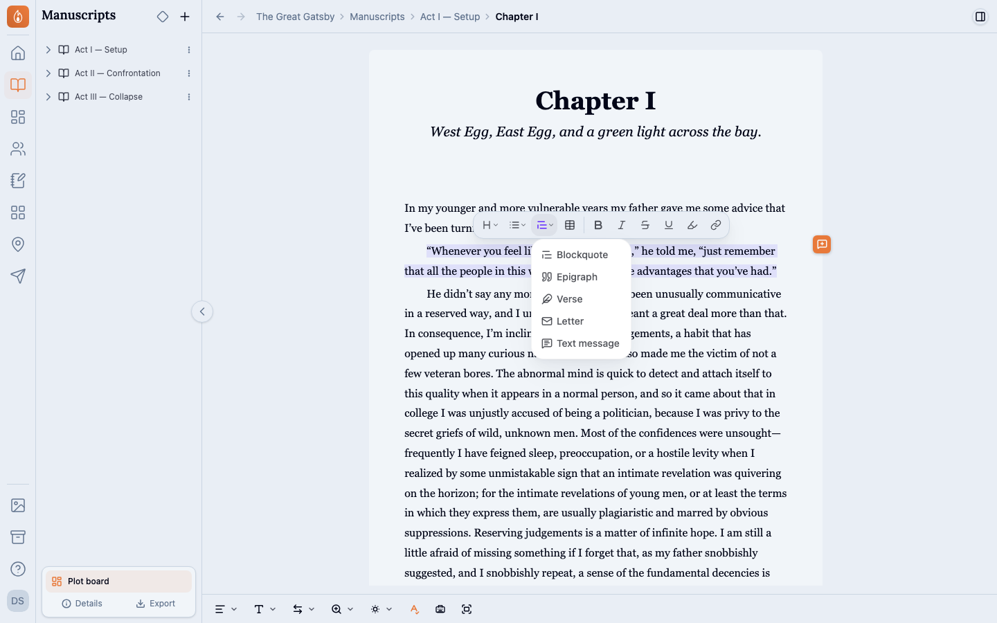 A line of dialogue selected in the Great Gatsby's first chapter, with the selection toolbar's Passage menu open on Blockquote, Epigraph, Verse, Letter, and Text message.