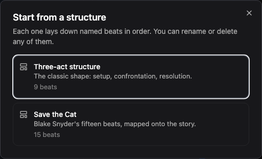 The Start from a structure dialog, offering Three-act structure at nine beats and Save the Cat at fifteen.