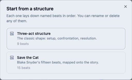 The Start from a structure dialog, offering Three-act structure at nine beats and Save the Cat at fifteen.