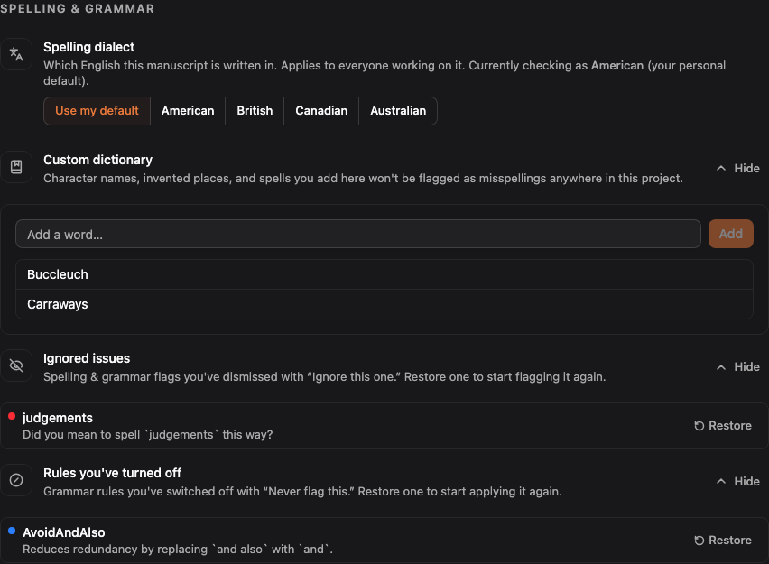 A project's spelling and grammar settings, showing the dialect selector, the custom dictionary word list, and the ignored issues list.