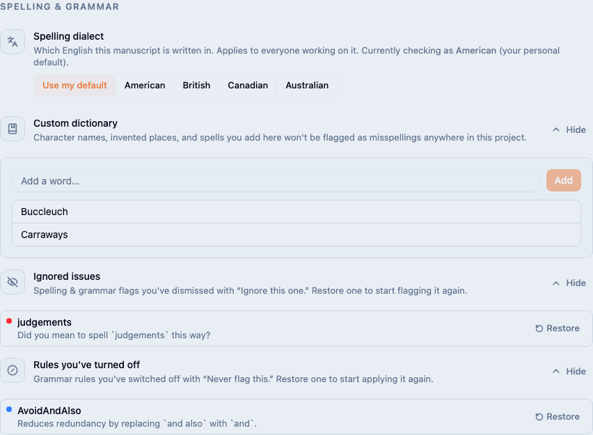 A project's spelling and grammar settings, showing the dialect selector, the custom dictionary word list, and the ignored issues list.