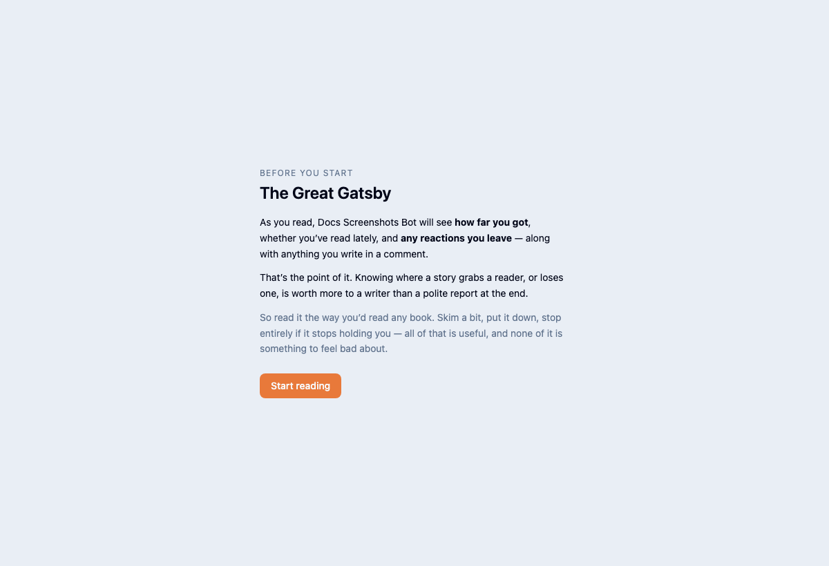The page a reader sees before chapter one: the note from the author, ending with a Start reading button.
