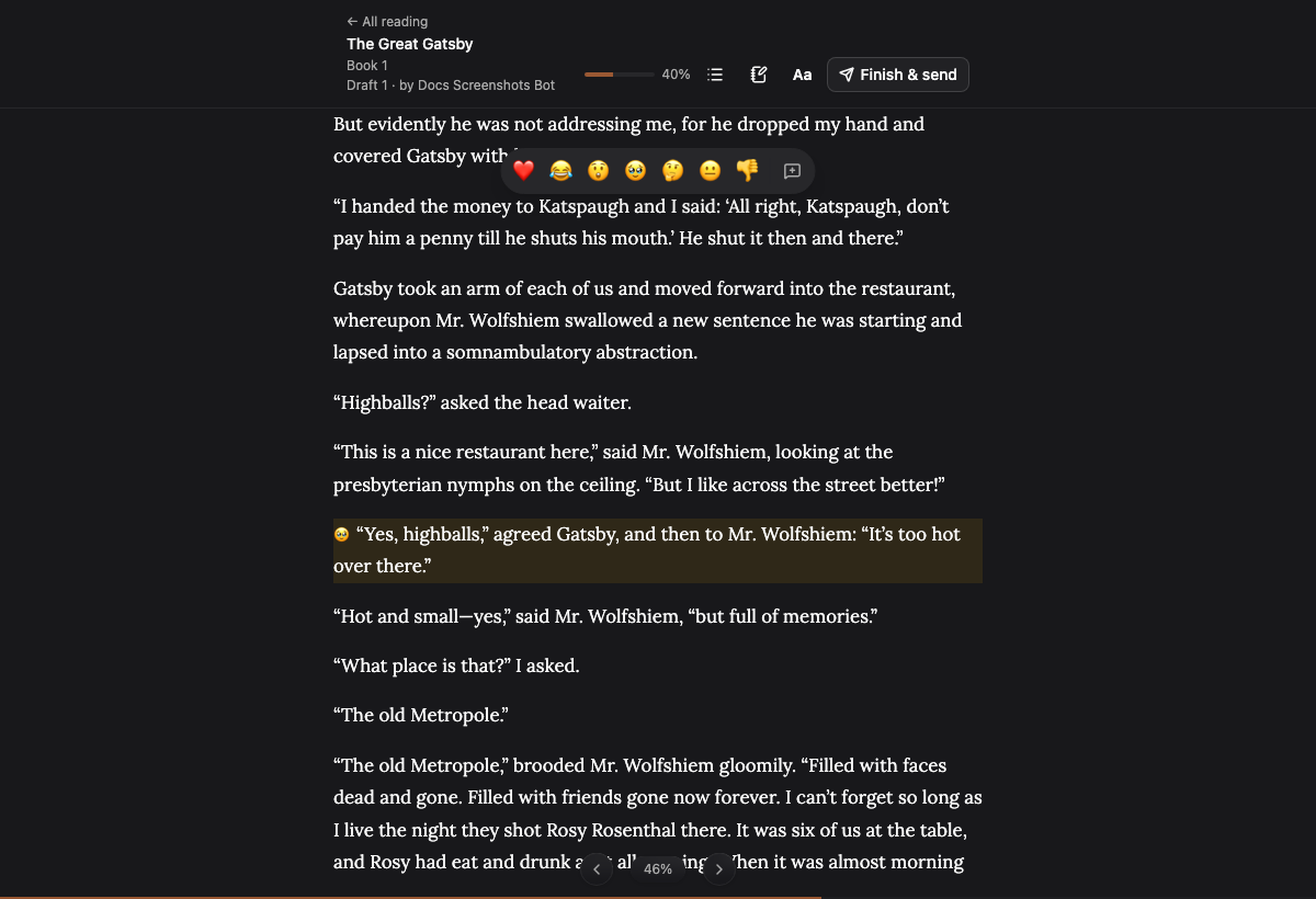 A paragraph selected in the reader, with a floating row of seven reaction emoji and a comment button above it.