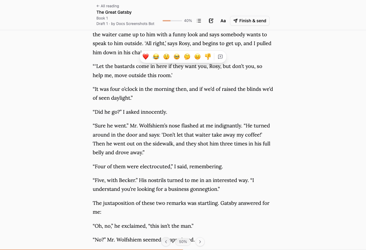 A paragraph selected in the reader, with a floating row of seven reaction emoji and a comment button above it.