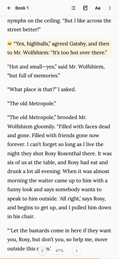 The reader on a phone: a single-row header with the book's title, contents, notes and settings icons, then a full page of prose.