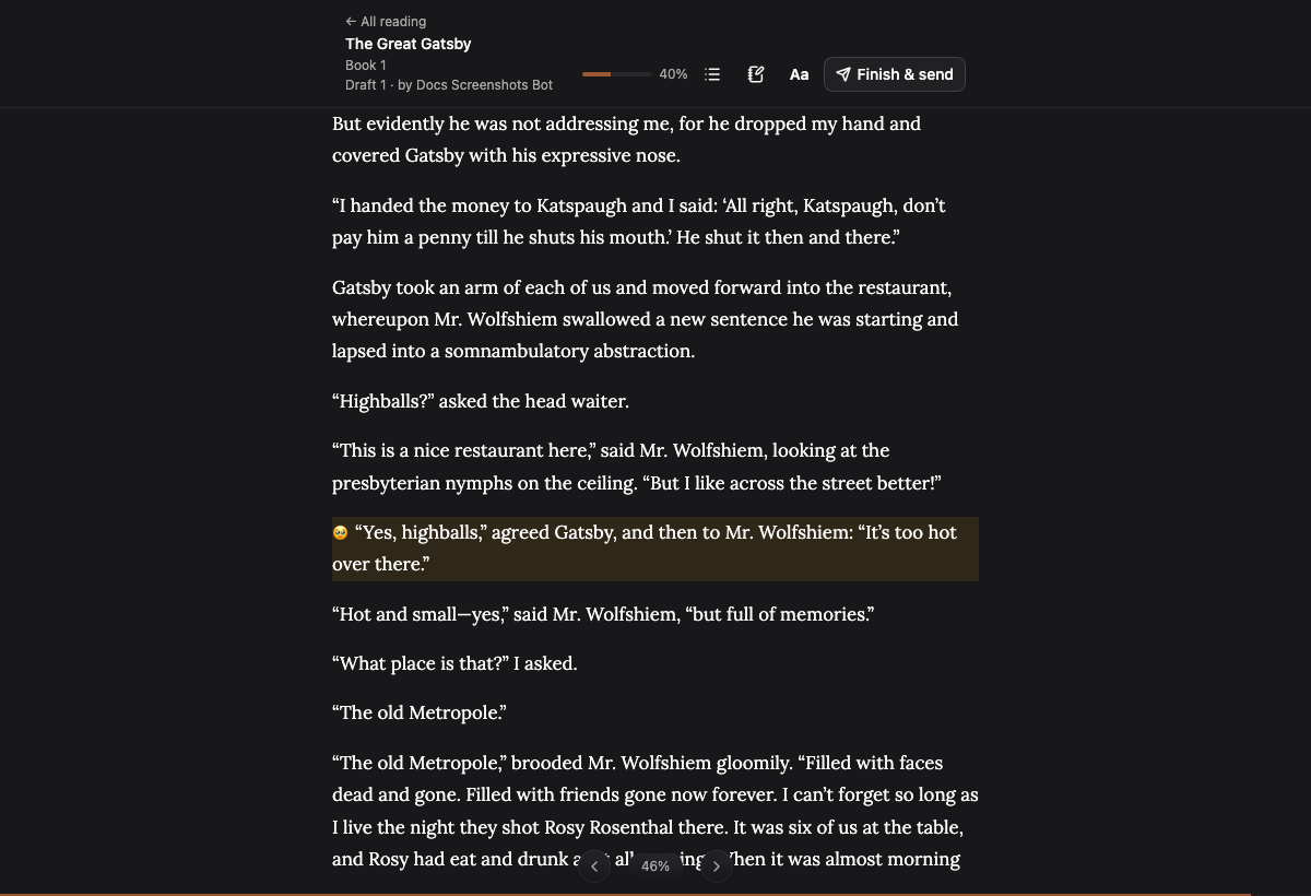 A page of The Great Gatsby in the reader, with the draft's title and author above it, a progress bar, and Finish and send in the corner.