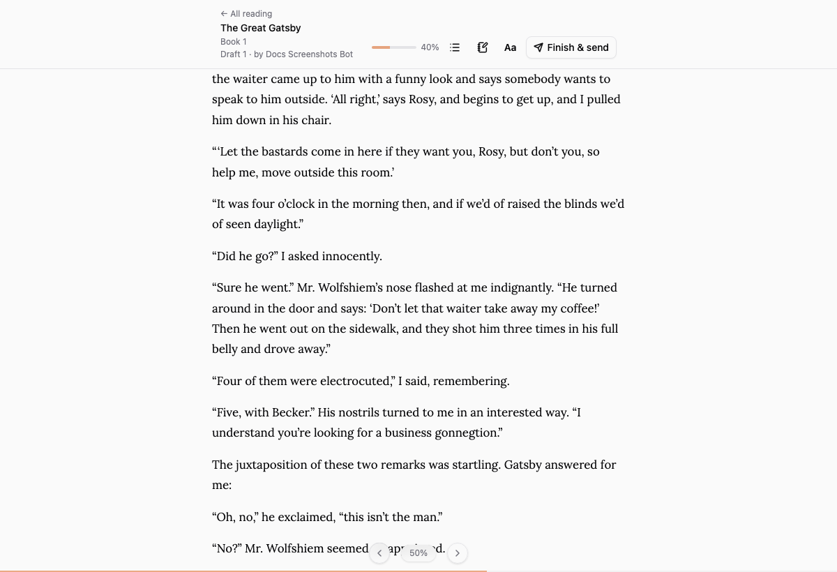 A page of The Great Gatsby in the reader, with the draft's title and author above it, a progress bar, and Finish and send in the corner.