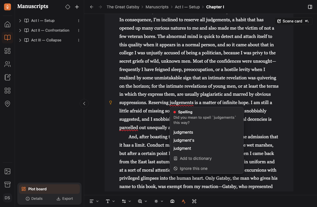 A misspelled word underlined in red with its suggestion menu open, listing replacement spellings above an Add to dictionary and an Ignore this one option.