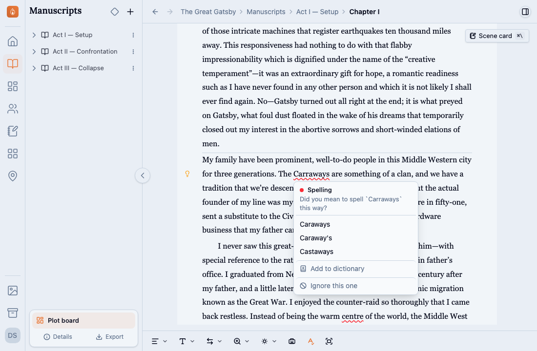 A misspelled word underlined in red with its suggestion menu open, listing replacement spellings above an Add to dictionary and an Ignore this one option.
