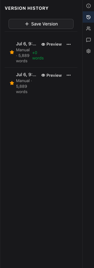 The Versions panel listing saved snapshots for a document, newest first.