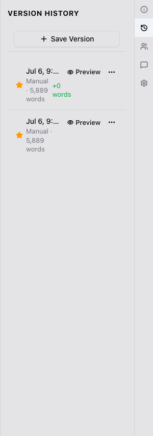 The Versions panel listing saved snapshots for a document, newest first.